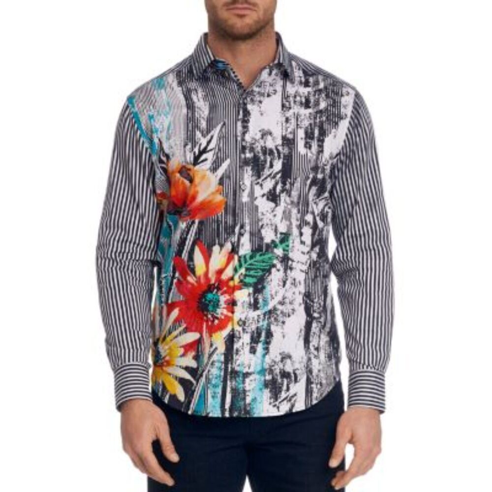 ROBERT GRAHAM Field Of Dreams Black Red Floral Embroidered Stripe Dress Shirt XL